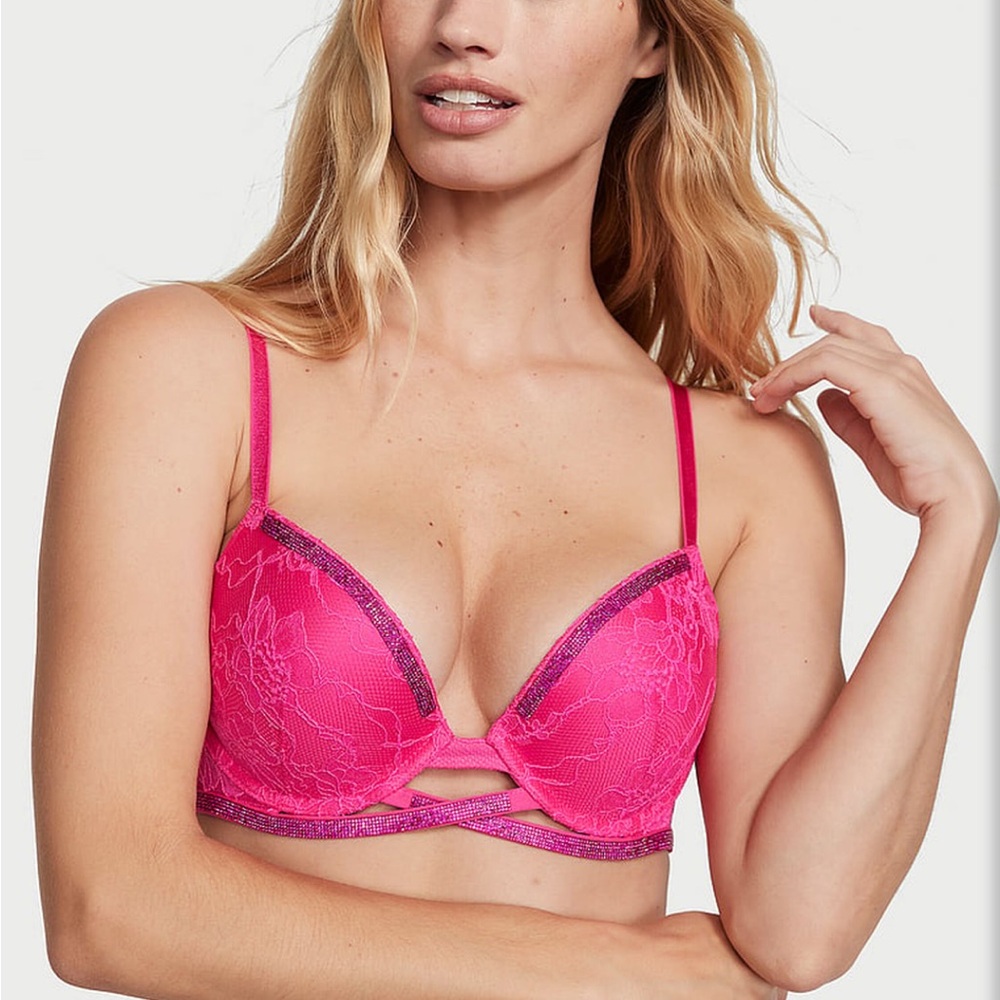 Victoria’s Secret Hot Pink Very Sexy Shine Cradle‎ Lace Push Up Bra NWOT 38 C